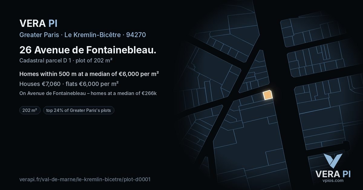 26 Avenue de Fontainebleau, Le Kremlin-Bicêtre at night – the plot lit, the parcels around coloured by the prices near them