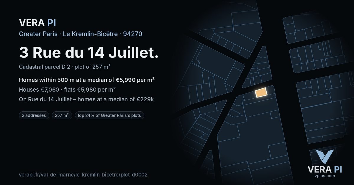 3 Rue du 14 Juillet, Le Kremlin-Bicêtre at night – the plot lit, the parcels around coloured by the prices near them