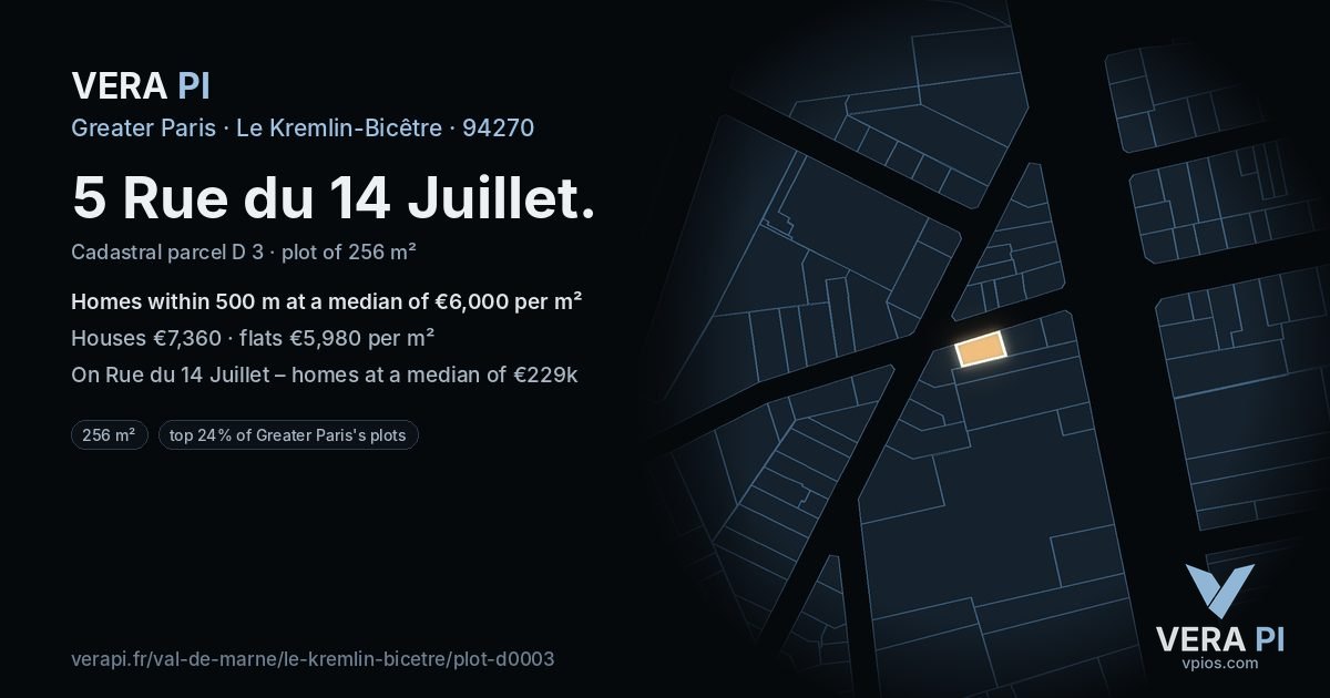 5 Rue du 14 Juillet, Le Kremlin-Bicêtre at night – the plot lit, the parcels around coloured by the prices near them