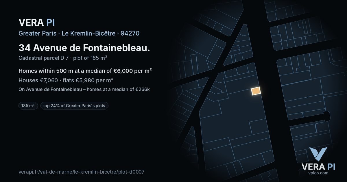 34 Avenue de Fontainebleau, Le Kremlin-Bicêtre at night – the plot lit, the parcels around coloured by the prices near them