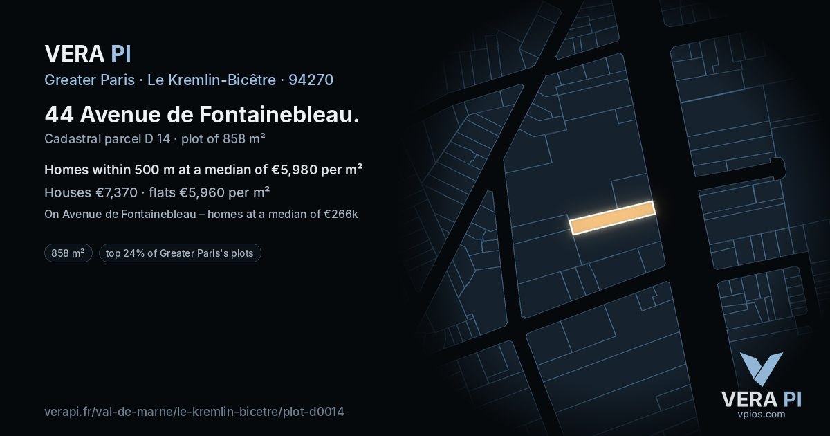 44 Avenue de Fontainebleau, Le Kremlin-Bicêtre at night – the plot lit, the parcels around coloured by the prices near them