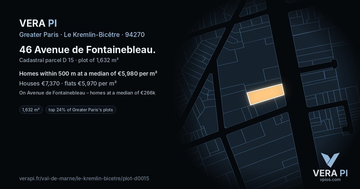 46 Avenue de Fontainebleau, Le Kremlin-Bicêtre at night – the plot lit, the parcels around coloured by the prices near them