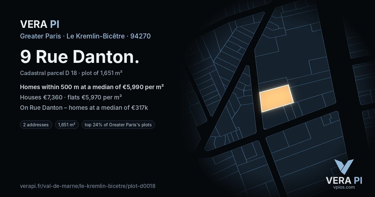 9 Rue Danton, Le Kremlin-Bicêtre at night – the plot lit, the parcels around coloured by the prices near them