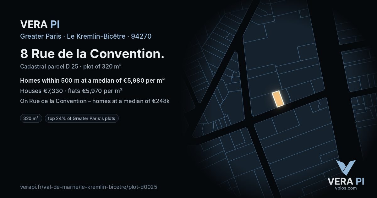 8 Rue de la Convention, Le Kremlin-Bicêtre at night – the plot lit, the parcels around coloured by the prices near them