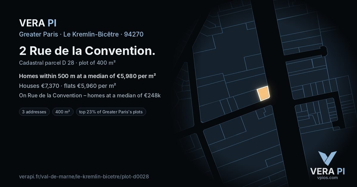 2 Rue de la Convention, Le Kremlin-Bicêtre at night – the plot lit, the parcels around coloured by the prices near them