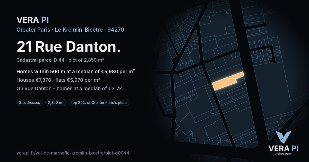 21 Rue Danton, Le Kremlin-Bicêtre at night – the plot lit, the parcels around coloured by the prices near them