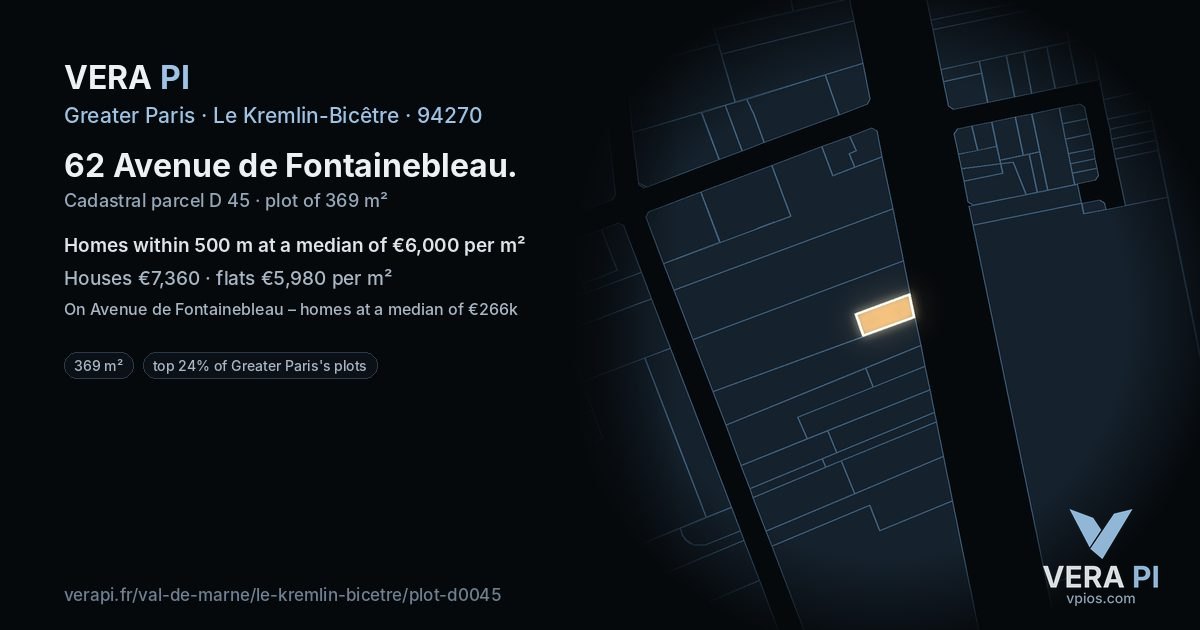62 Avenue de Fontainebleau, Le Kremlin-Bicêtre at night – the plot lit, the parcels around coloured by the prices near them