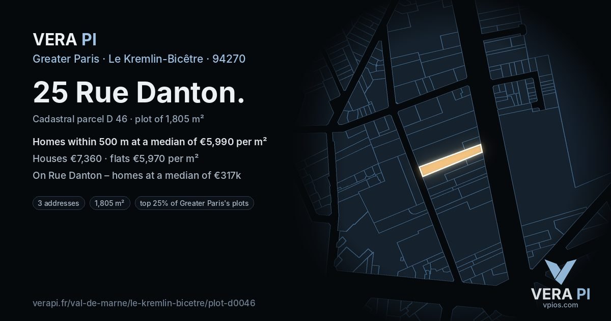 25 Rue Danton, Le Kremlin-Bicêtre at night – the plot lit, the parcels around coloured by the prices near them