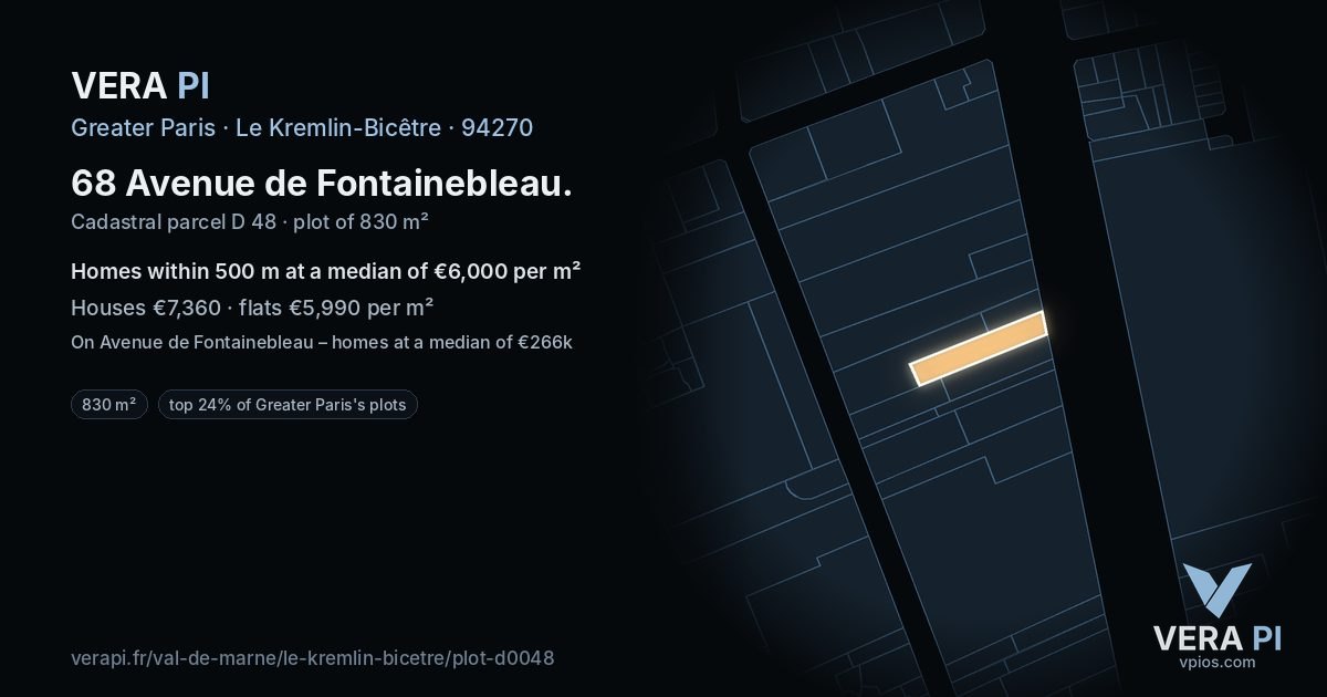 68 Avenue de Fontainebleau, Le Kremlin-Bicêtre at night – the plot lit, the parcels around coloured by the prices near them