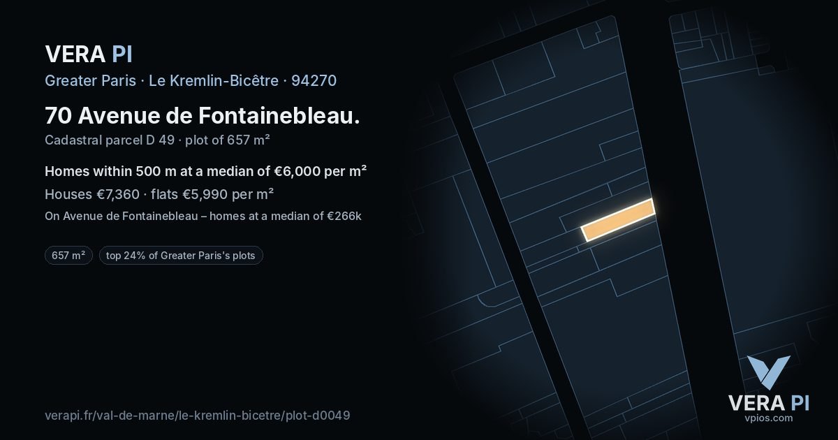 70 Avenue de Fontainebleau, Le Kremlin-Bicêtre at night – the plot lit, the parcels around coloured by the prices near them