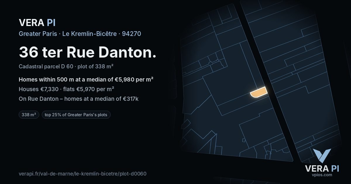 36 ter Rue Danton, Le Kremlin-Bicêtre at night – the plot lit, the parcels around coloured by the prices near them