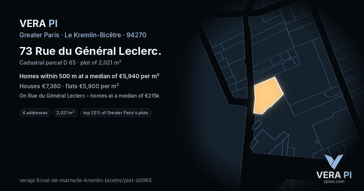 73 Rue du Général Leclerc, Le Kremlin-Bicêtre at night – the plot lit, the parcels around coloured by the prices near them