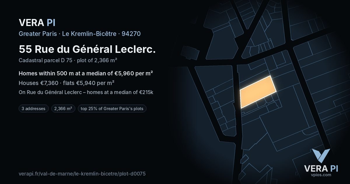 55 Rue du Général Leclerc, Le Kremlin-Bicêtre at night – the plot lit, the parcels around coloured by the prices near them