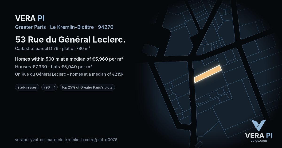 53 Rue du Général Leclerc, Le Kremlin-Bicêtre at night – the plot lit, the parcels around coloured by the prices near them
