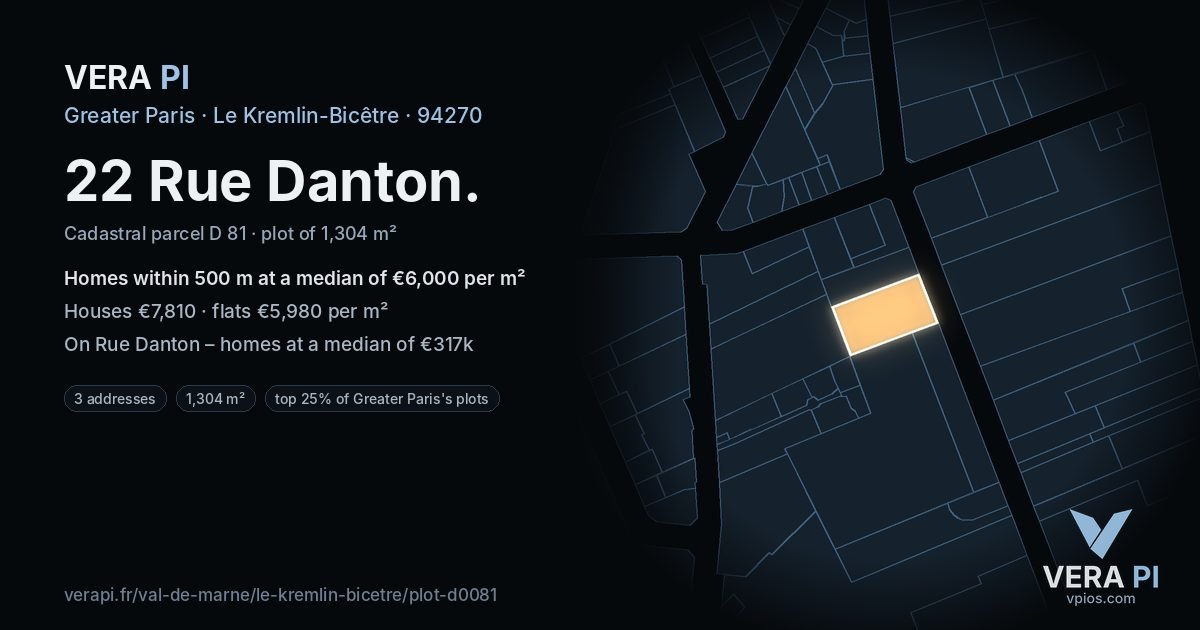 22 Rue Danton, Le Kremlin-Bicêtre at night – the plot lit, the parcels around coloured by the prices near them