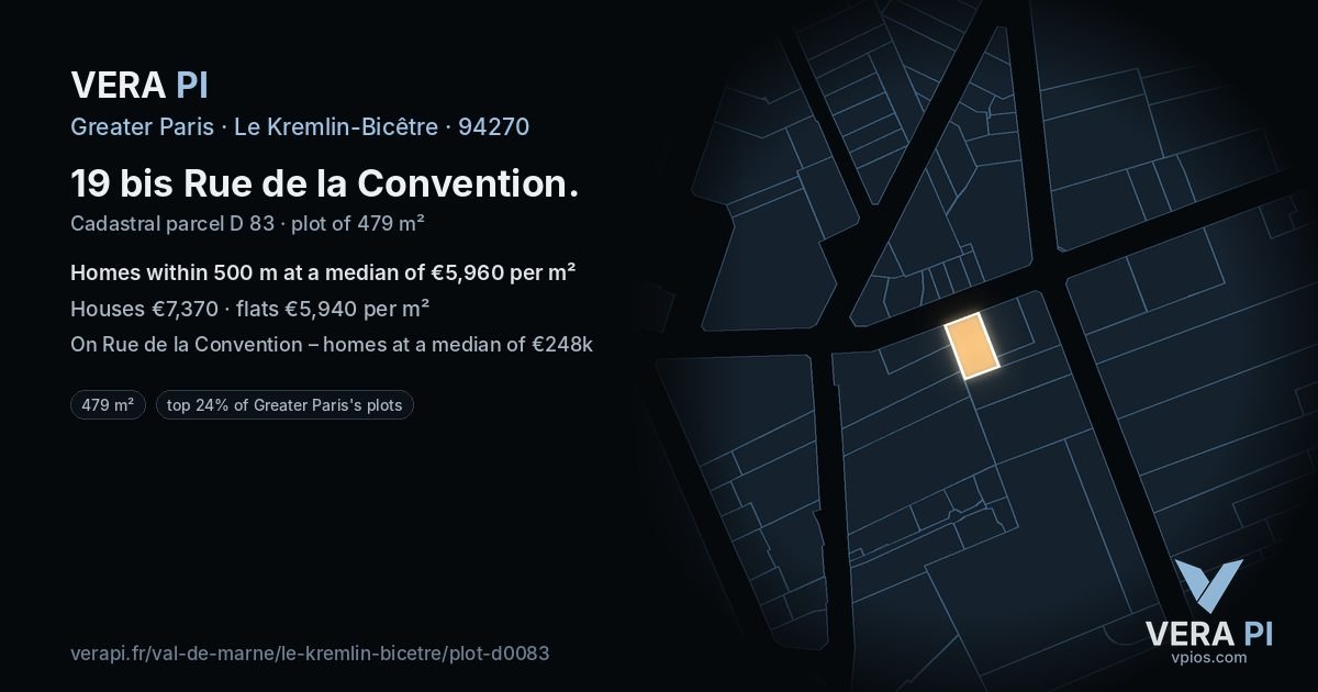 19 bis Rue de la Convention, Le Kremlin-Bicêtre at night – the plot lit, the parcels around coloured by the prices near them