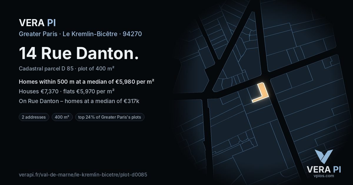 14 Rue Danton, Le Kremlin-Bicêtre at night – the plot lit, the parcels around coloured by the prices near them