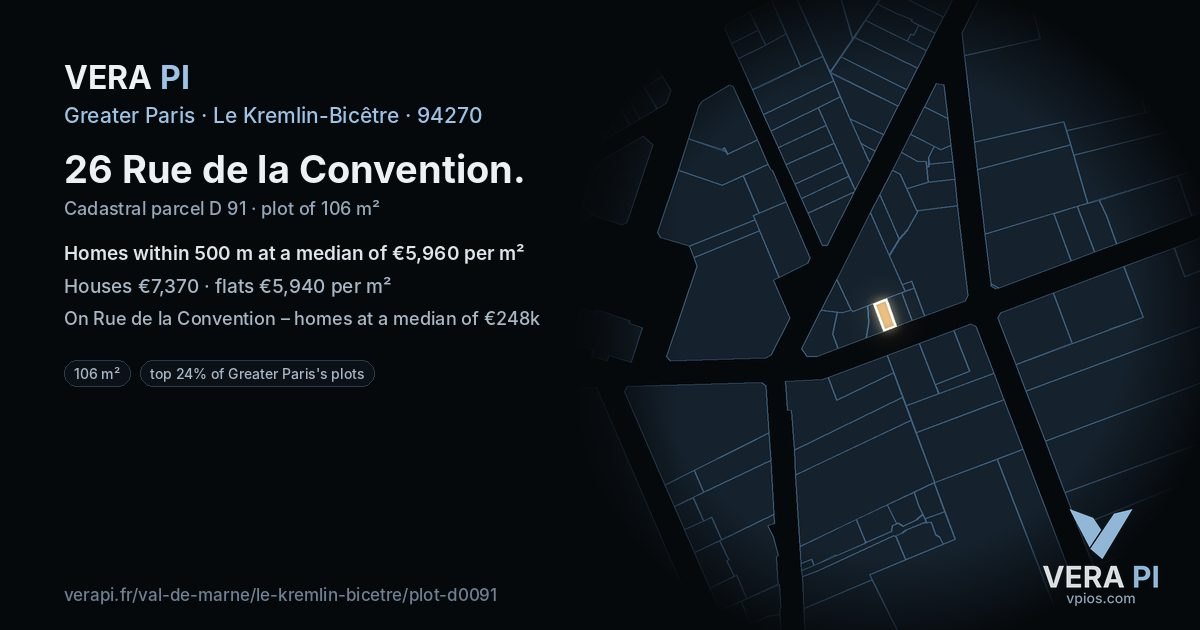 26 Rue de la Convention, Le Kremlin-Bicêtre at night – the plot lit, the parcels around coloured by the prices near them