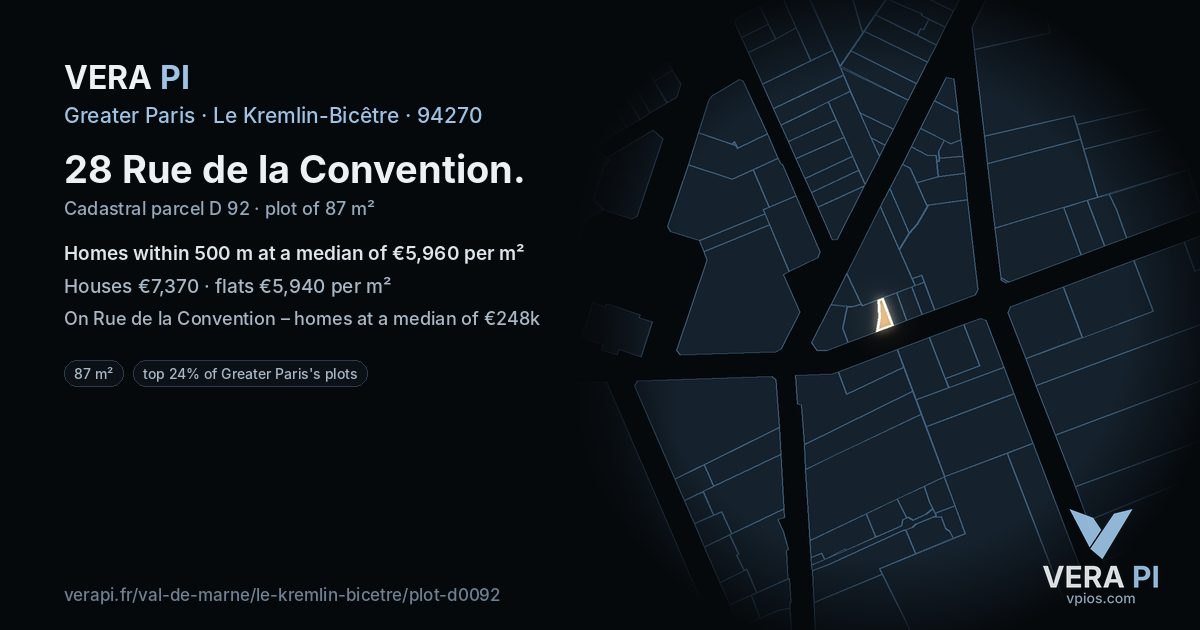 28 Rue de la Convention, Le Kremlin-Bicêtre at night – the plot lit, the parcels around coloured by the prices near them