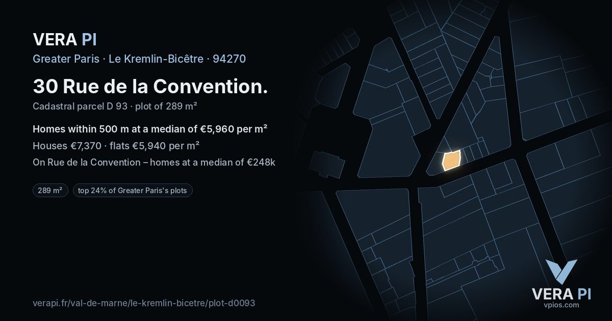 30 Rue de la Convention, Le Kremlin-Bicêtre at night – the plot lit, the parcels around coloured by the prices near them