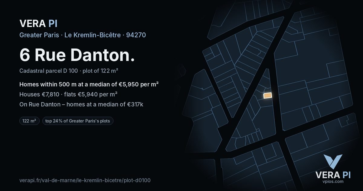 6 Rue Danton, Le Kremlin-Bicêtre at night – the plot lit, the parcels around coloured by the prices near them
