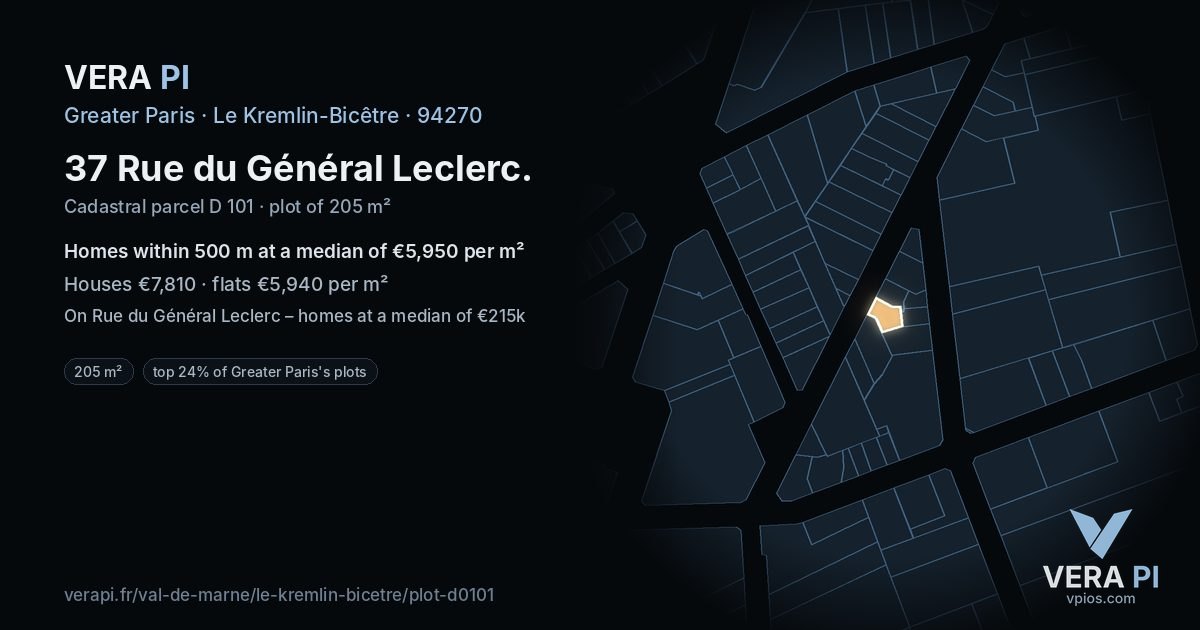 37 Rue du Général Leclerc, Le Kremlin-Bicêtre at night – the plot lit, the parcels around coloured by the prices near them