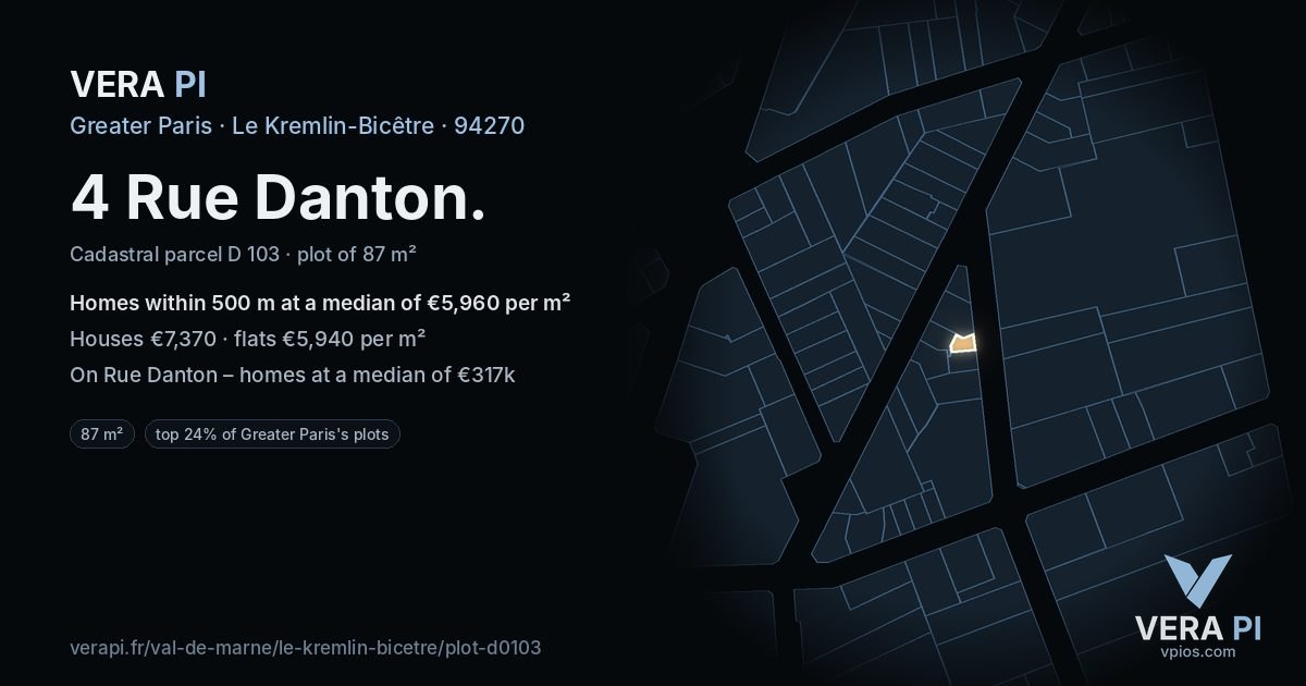 4 Rue Danton, Le Kremlin-Bicêtre at night – the plot lit, the parcels around coloured by the prices near them