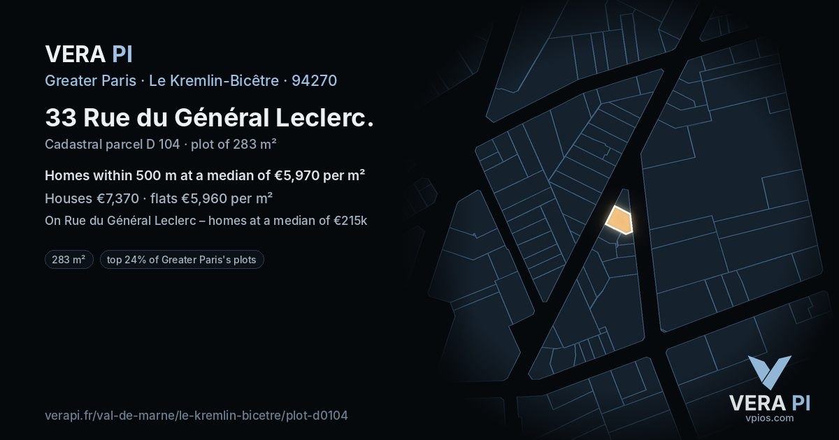 33 Rue du Général Leclerc, Le Kremlin-Bicêtre at night – the plot lit, the parcels around coloured by the prices near them