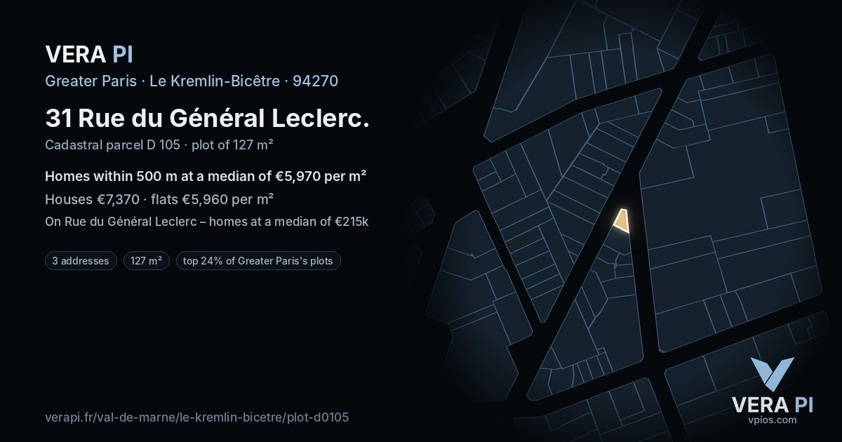 31 Rue du Général Leclerc, Le Kremlin-Bicêtre at night – the plot lit, the parcels around coloured by the prices near them