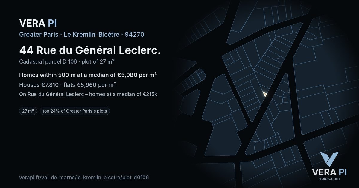 44 Rue du Général Leclerc, Le Kremlin-Bicêtre at night – the plot lit, the parcels around coloured by the prices near them