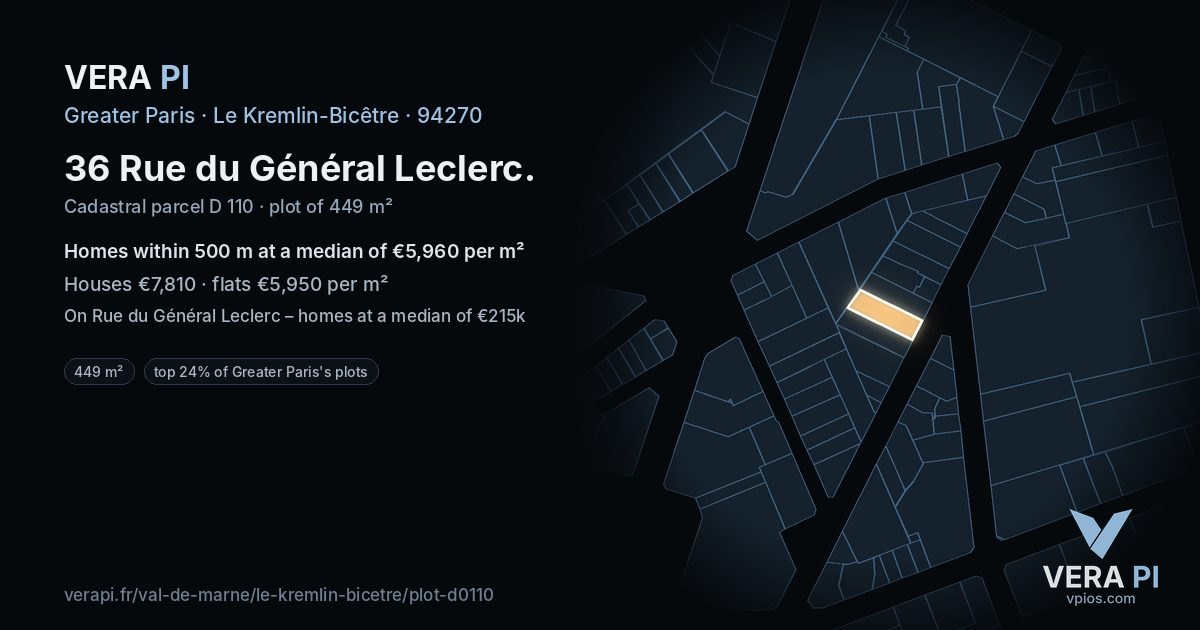 36 Rue du Général Leclerc, Le Kremlin-Bicêtre at night – the plot lit, the parcels around coloured by the prices near them