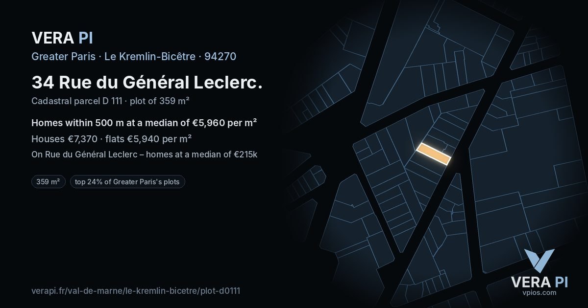 34 Rue du Général Leclerc, Le Kremlin-Bicêtre at night – the plot lit, the parcels around coloured by the prices near them
