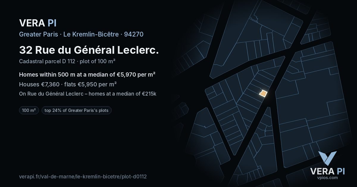 32 Rue du Général Leclerc, Le Kremlin-Bicêtre at night – the plot lit, the parcels around coloured by the prices near them