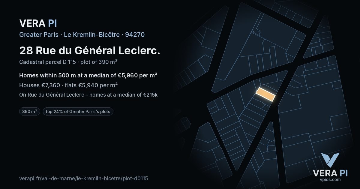 28 Rue du Général Leclerc, Le Kremlin-Bicêtre at night – the plot lit, the parcels around coloured by the prices near them