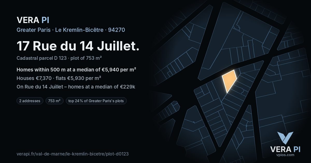 17 Rue du 14 Juillet, Le Kremlin-Bicêtre at night – the plot lit, the parcels around coloured by the prices near them