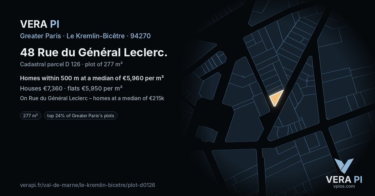 48 Rue du Général Leclerc, Le Kremlin-Bicêtre at night – the plot lit, the parcels around coloured by the prices near them