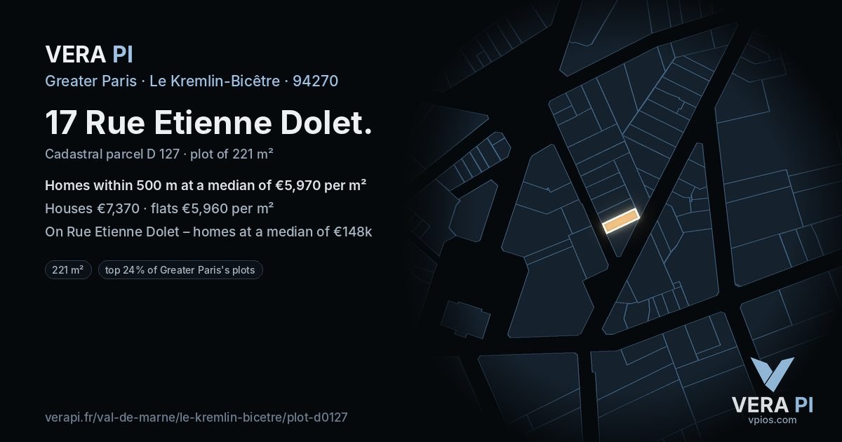 17 Rue Etienne Dolet, Le Kremlin-Bicêtre at night – the plot lit, the parcels around coloured by the prices near them