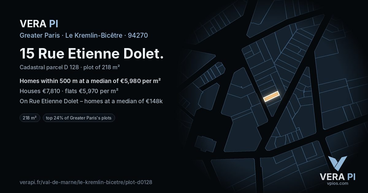 15 Rue Etienne Dolet, Le Kremlin-Bicêtre at night – the plot lit, the parcels around coloured by the prices near them