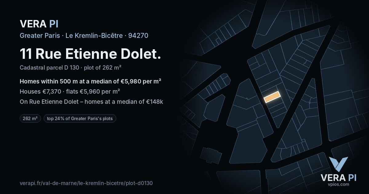 11 Rue Etienne Dolet, Le Kremlin-Bicêtre at night – the plot lit, the parcels around coloured by the prices near them