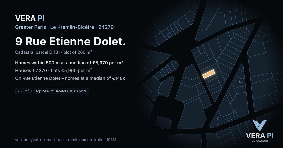 9 Rue Etienne Dolet, Le Kremlin-Bicêtre at night – the plot lit, the parcels around coloured by the prices near them