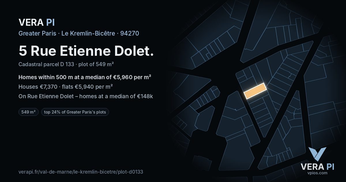 5 Rue Etienne Dolet, Le Kremlin-Bicêtre at night – the plot lit, the parcels around coloured by the prices near them