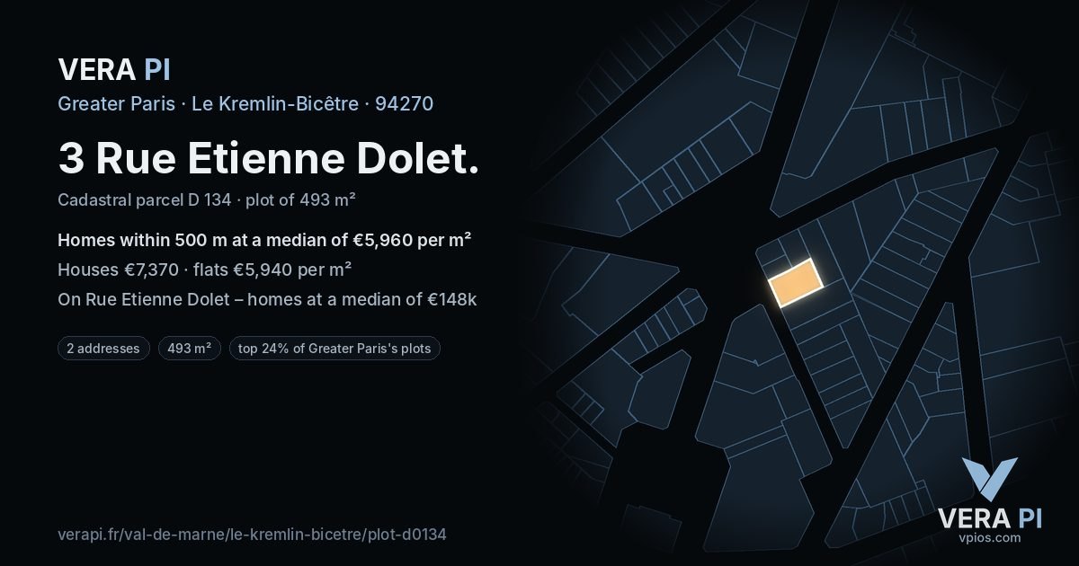 3 Rue Etienne Dolet, Le Kremlin-Bicêtre at night – the plot lit, the parcels around coloured by the prices near them