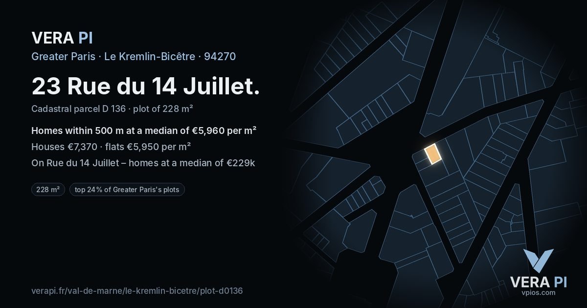 23 Rue du 14 Juillet, Le Kremlin-Bicêtre at night – the plot lit, the parcels around coloured by the prices near them