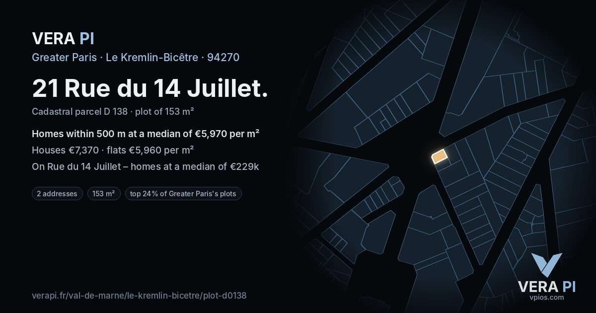 21 Rue du 14 Juillet, Le Kremlin-Bicêtre at night – the plot lit, the parcels around coloured by the prices near them