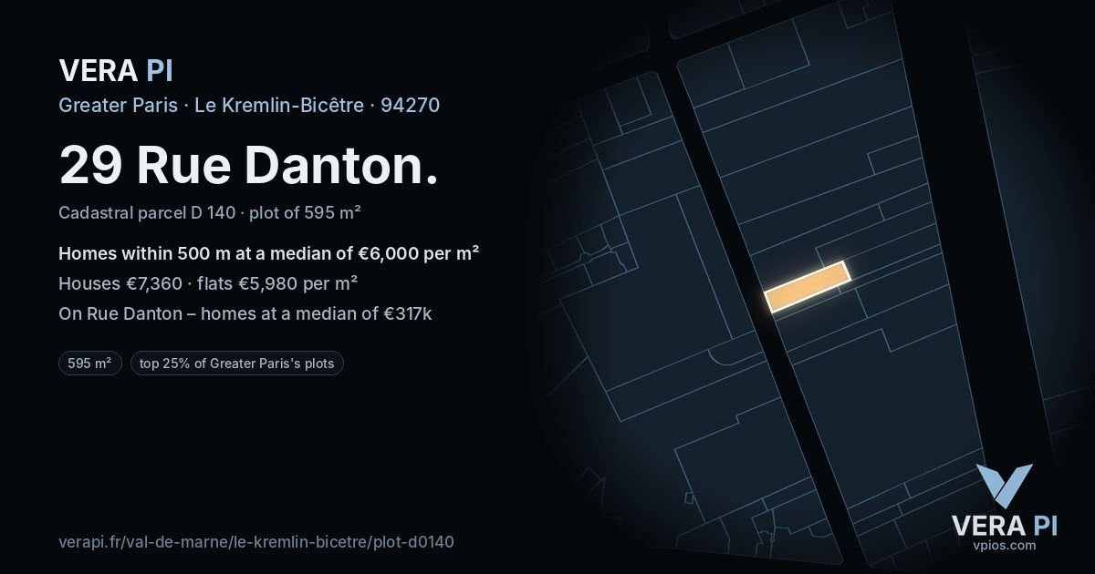 29 Rue Danton, Le Kremlin-Bicêtre at night – the plot lit, the parcels around coloured by the prices near them