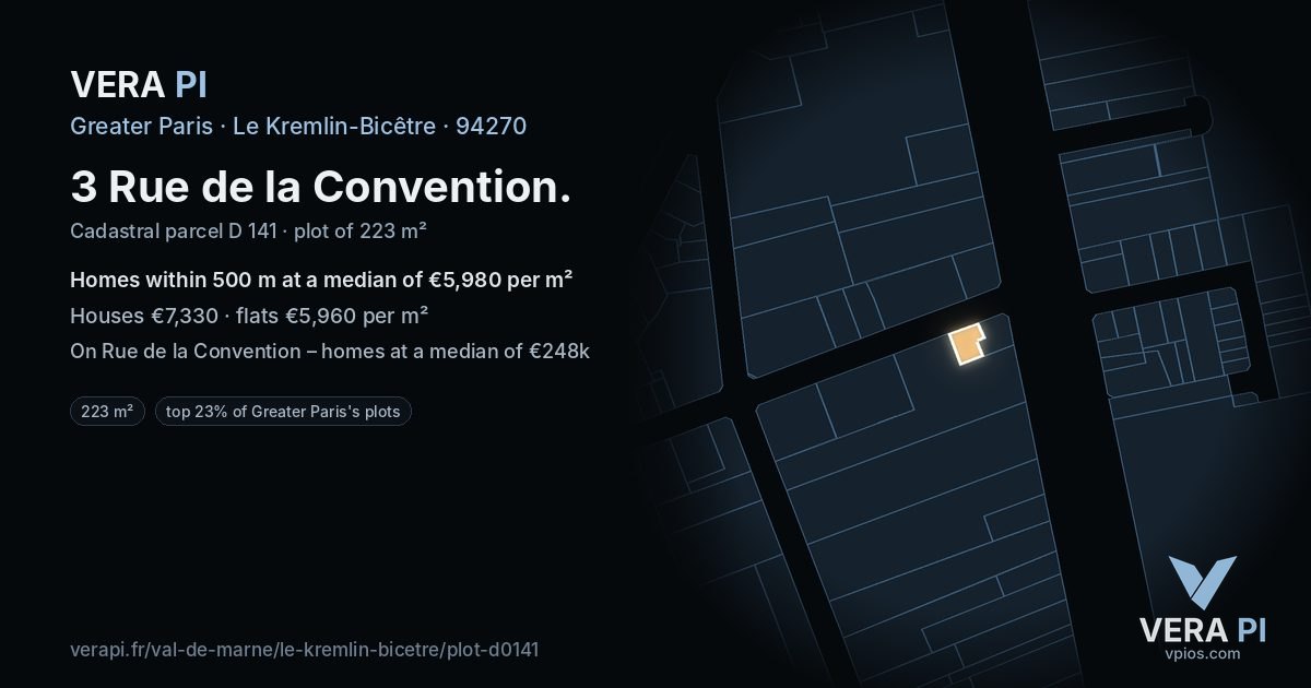 3 Rue de la Convention, Le Kremlin-Bicêtre at night – the plot lit, the parcels around coloured by the prices near them
