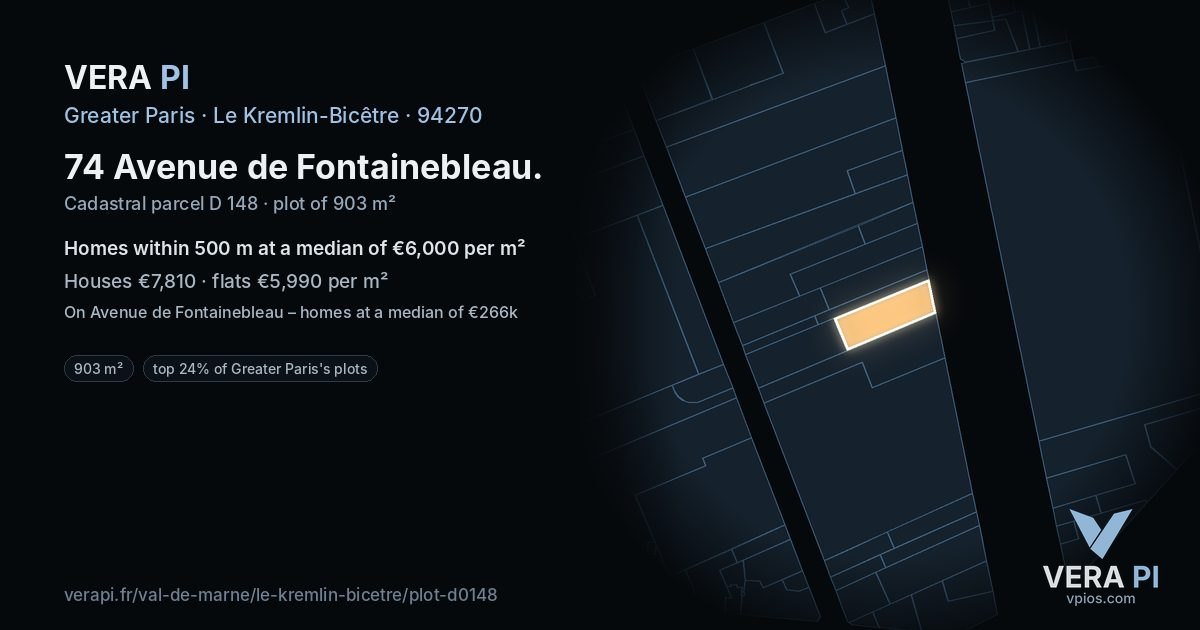 74 Avenue de Fontainebleau, Le Kremlin-Bicêtre at night – the plot lit, the parcels around coloured by the prices near them