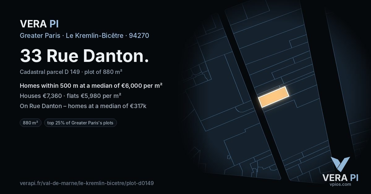 33 Rue Danton, Le Kremlin-Bicêtre at night – the plot lit, the parcels around coloured by the prices near them