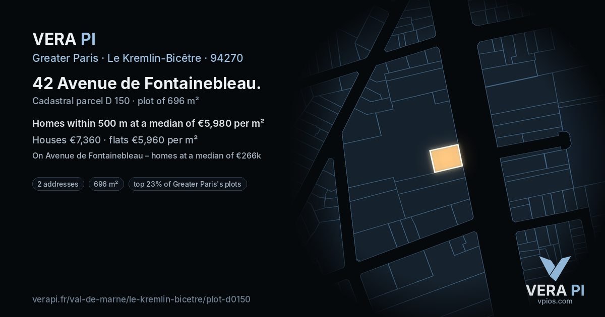 42 Avenue de Fontainebleau, Le Kremlin-Bicêtre at night – the plot lit, the parcels around coloured by the prices near them