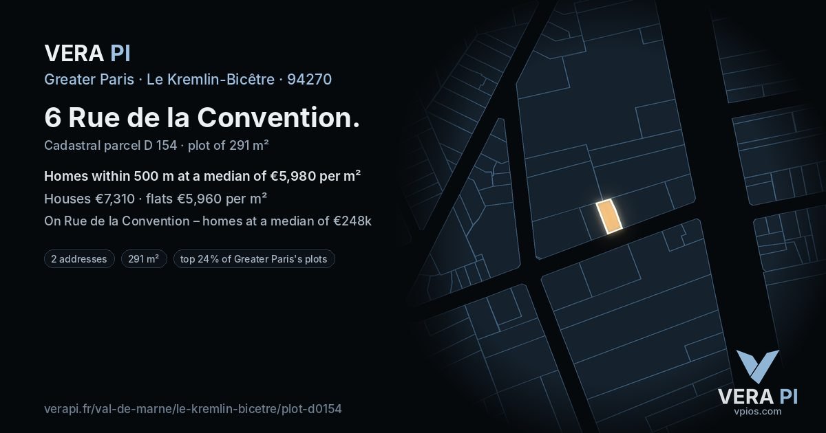 6 Rue de la Convention, Le Kremlin-Bicêtre at night – the plot lit, the parcels around coloured by the prices near them
